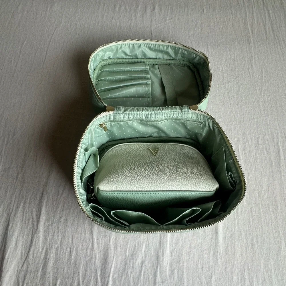Vanessa Williams Mint Green Pebbled Faux Leather Cosmetic Train Case Bag Set 2pc